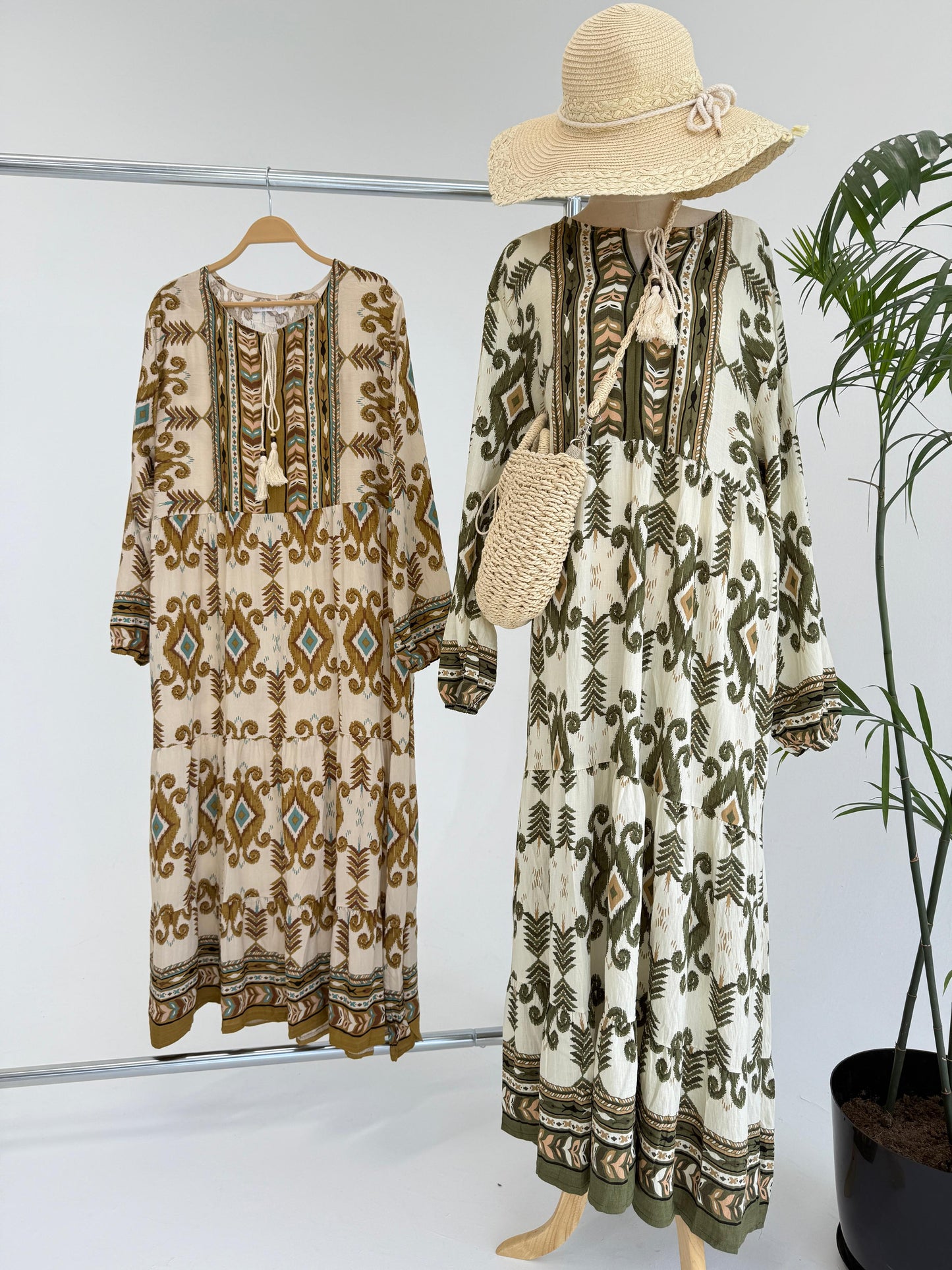 Amenaa boho pattern maxi dress featuring flowing fabric and vibrant design, perfect for casual or summer wear.