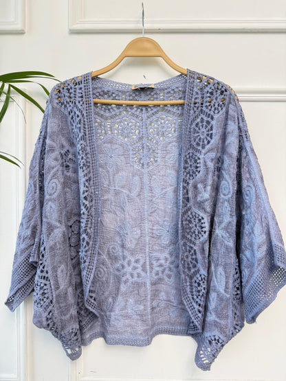 Boho crochet lace kimono by Amenaa featuring intricate lace patterns and lightweight fabric for a stylish layered look.