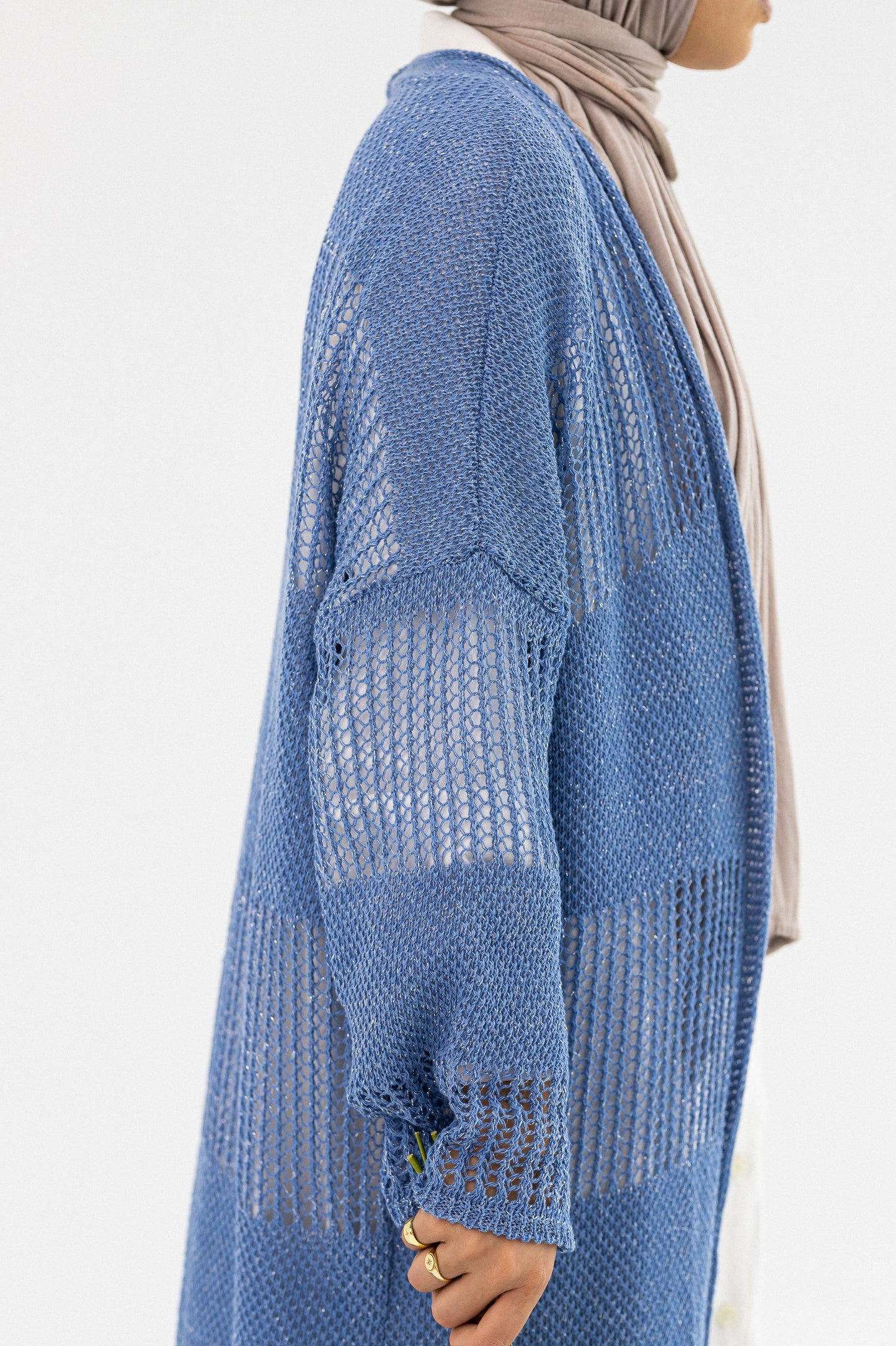 Amenaa Summer Net Kimono showcasing lightweight, airy fabric with intricate netting design, perfect for warm weather wear.