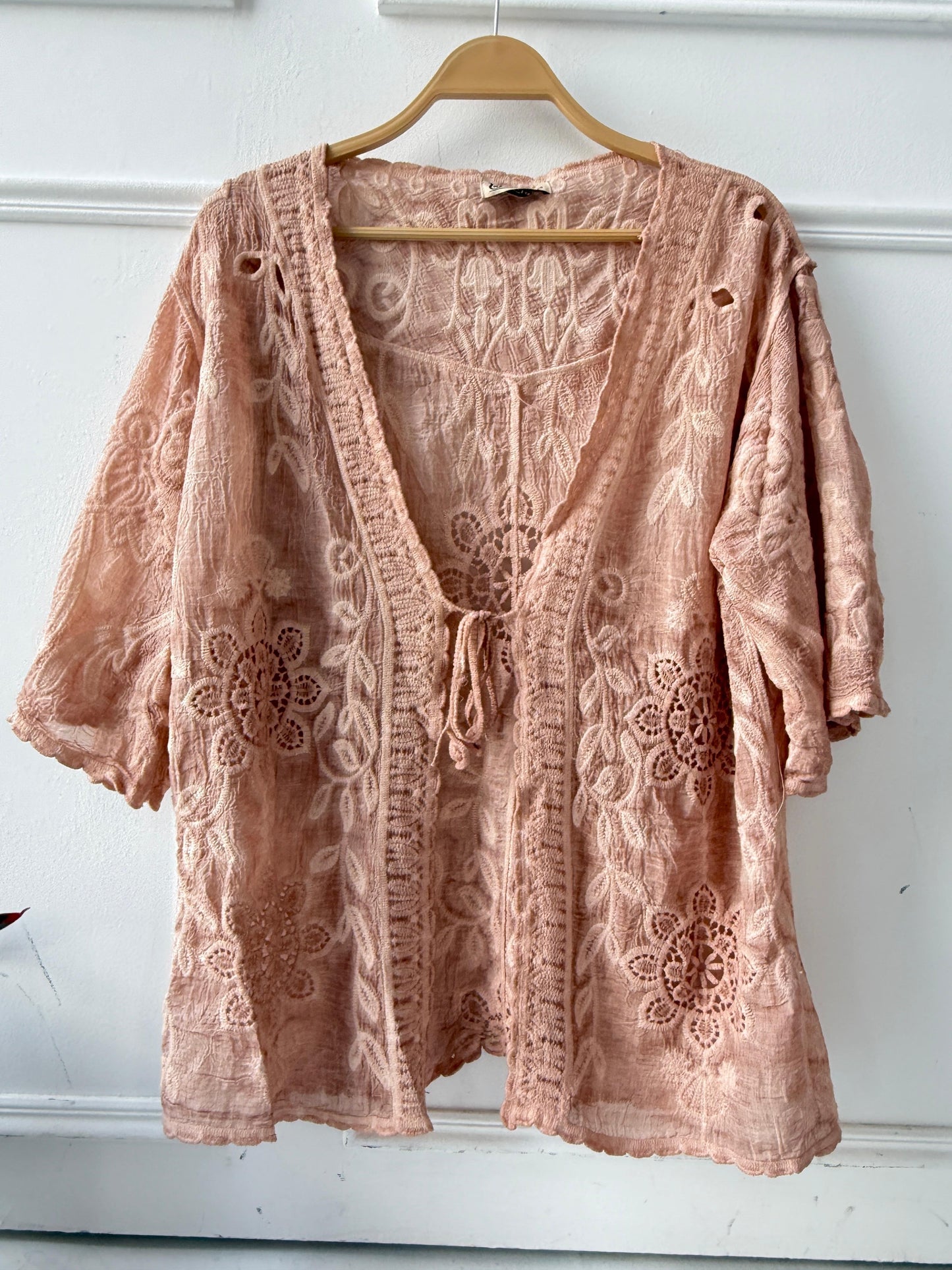 Embroidered lace kimono by Amenaa featuring intricate floral embroidery and delicate sheer fabric, elegant and lightweight.