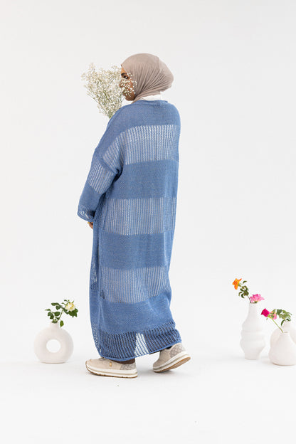 Amenaa summer net kimono with lightweight, sheer fabric featuring intricate patterns and a relaxed, flowy fit.