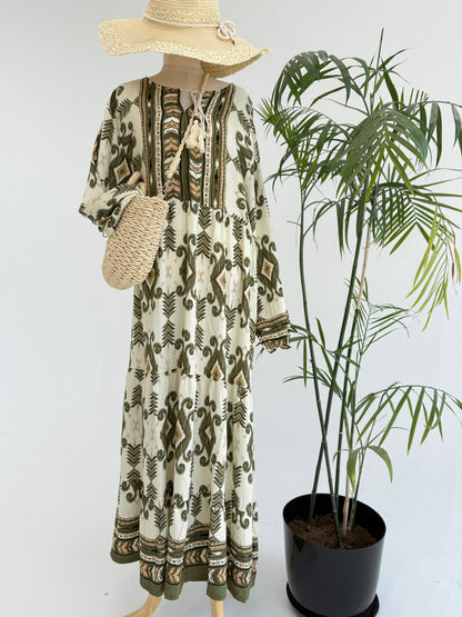Amenaa boho pattern maxi dress with flowing fabric and vibrant design, perfect for casual summer wear.