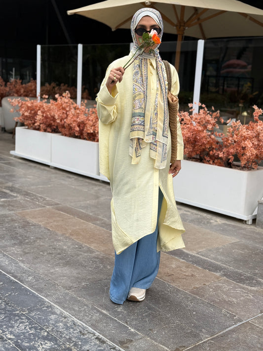 Amenaa high-low shirt dress displayed on a hanger, showcasing its flowing fabric and stylish design with a collar and button details.