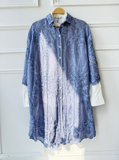 Amenaa embroidered shirt with intricate floral designs, showcasing detailed embroidery on lightweight fabric.