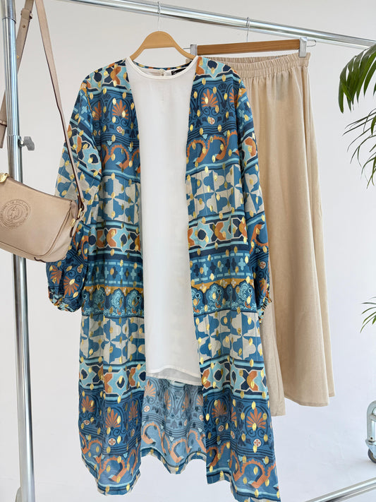 Amenaa mosaic pattern kimono with vibrant geometric designs, lightweight fabric, and flowing fit.