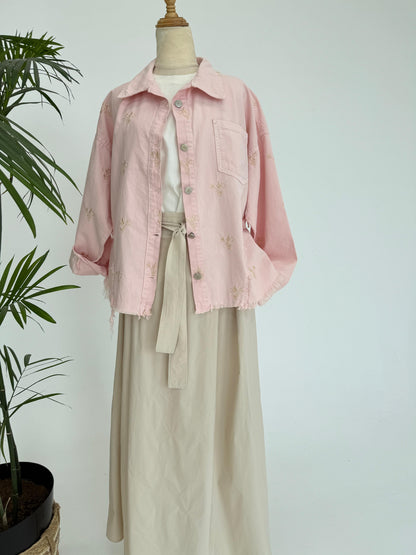 Flowery embroidered gabardine jacket by Amenaa, featuring detailed floral embroidery and a tailored fit.