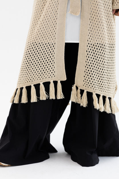 Amenaa crochet knit cardigan with long sleeves and open front, featuring a textured, cozy design perfect for casual wear.