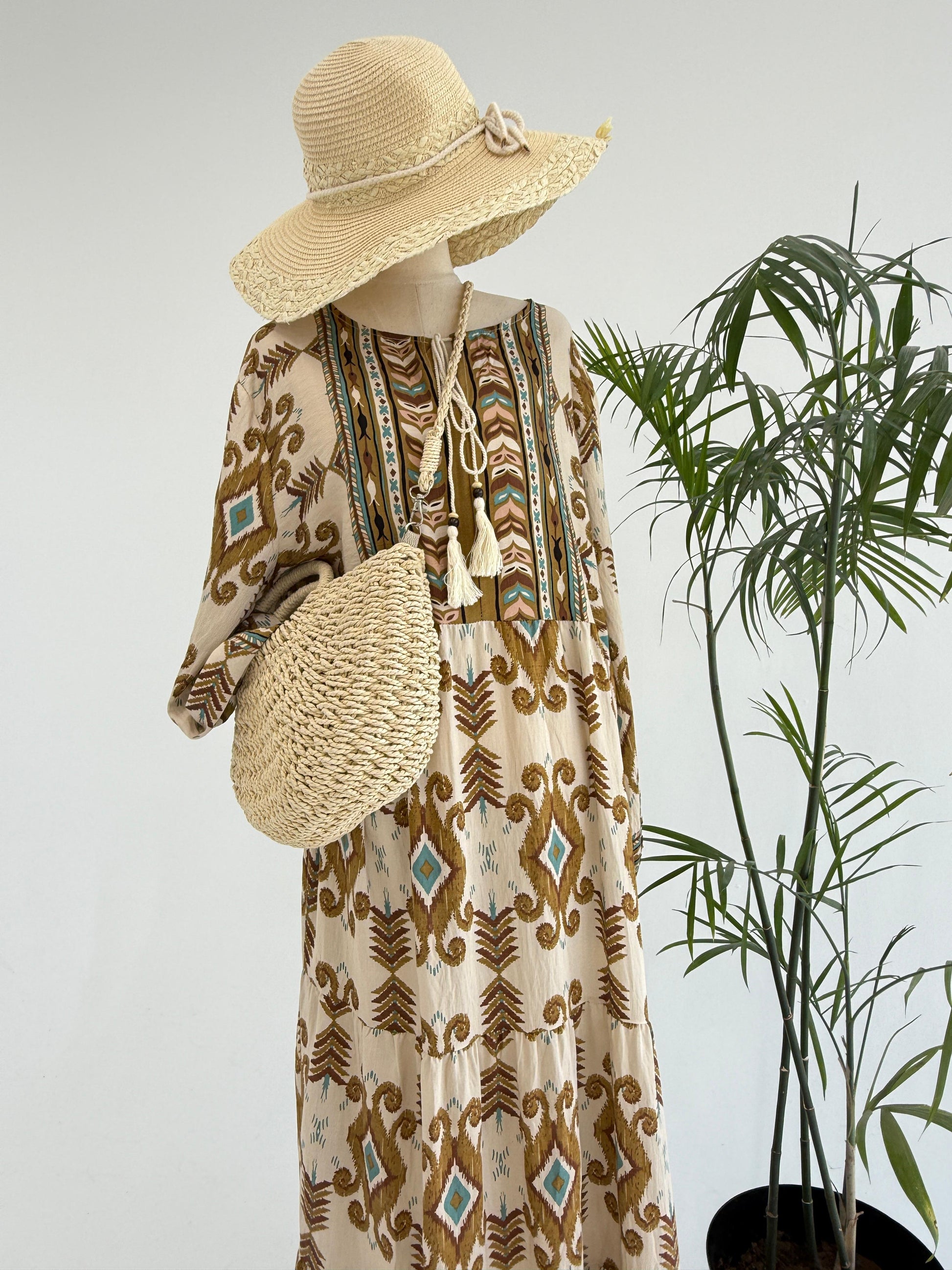 Amenaa boho pattern maxi dress with flowing fabric and vibrant design, perfect for casual summer wear.