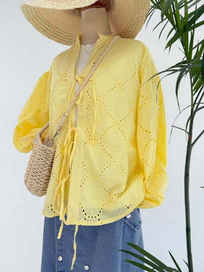 Amenaa Summer Rokama Tie Blouse in light fabric with a bow detail, featuring short sleeves and a relaxed fit.