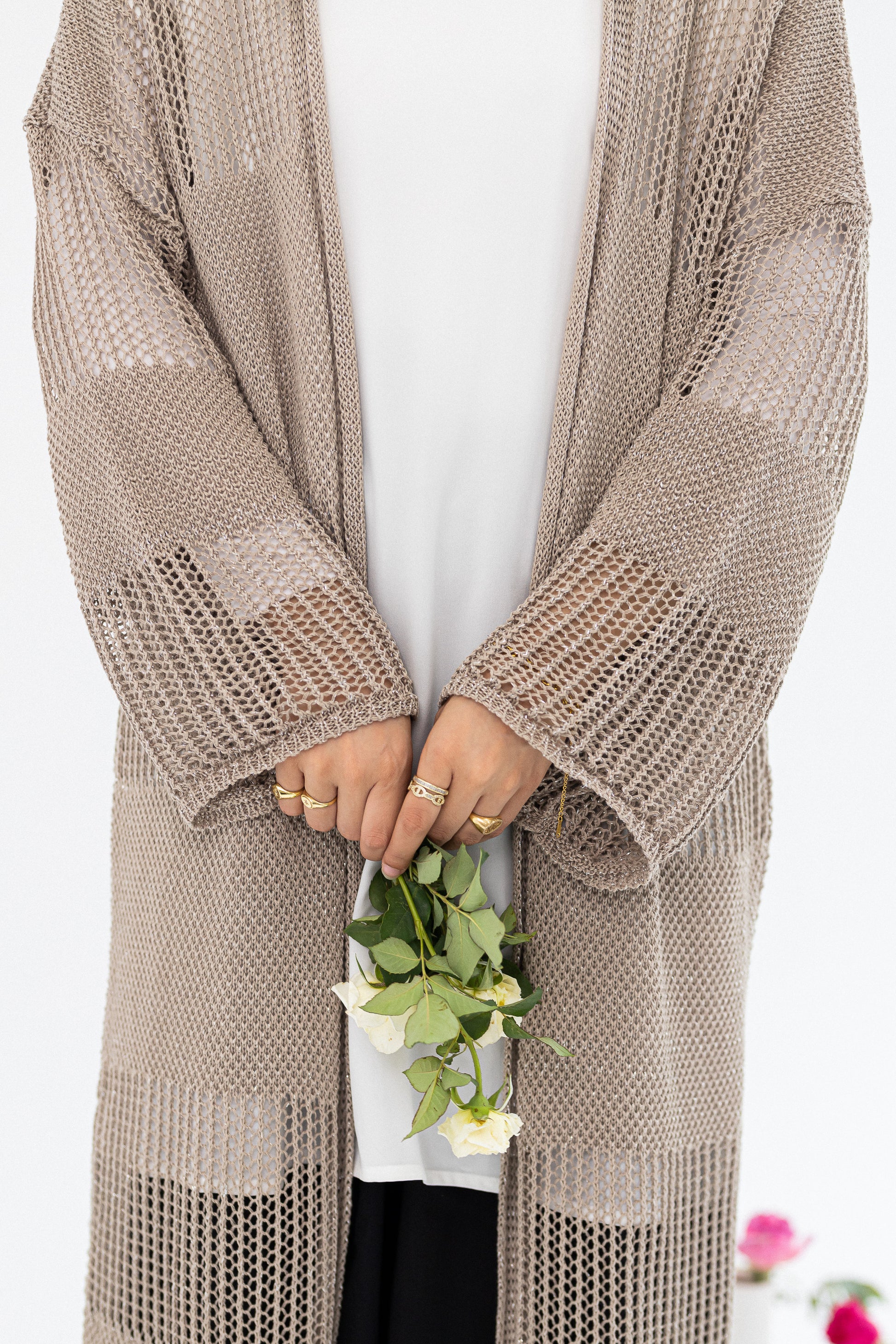 Amenaa Summer Net Kimono with lightweight, breathable fabric, featuring a relaxed fit and delicate net design for warm weather.