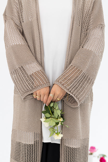 Amenaa Summer Net Kimono with lightweight, breathable fabric, featuring a relaxed fit and delicate net design for warm weather.