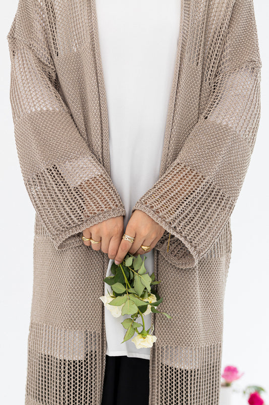 Amenaa Summer Net Kimono with lightweight, breathable fabric, featuring a relaxed fit and delicate net design for warm weather.