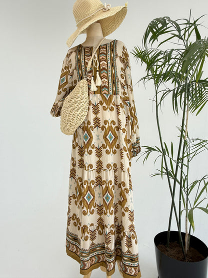 Amenaa boho pattern maxi dress with flowing fabric and vibrant design, perfect for casual summer wear.