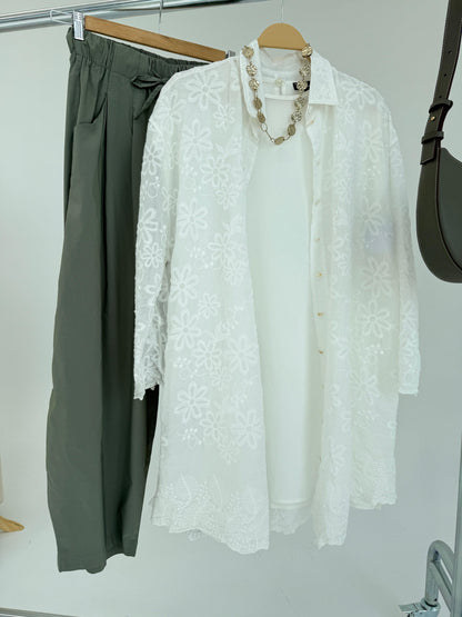 Amenaa Guipure Shirt featuring intricate lace and elegant design, shown in a close-up of the detailed fabric and craftsmanship.