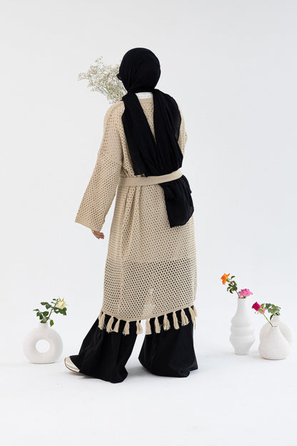 Amenaa crochet knit cardigan in a soft, textured design featuring long sleeves and an open front, perfect for layering.
