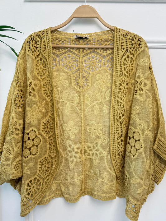 Amenaa boho crochet lace kimono with intricate floral patterns, lightweight and stylish for casual or beachwear.