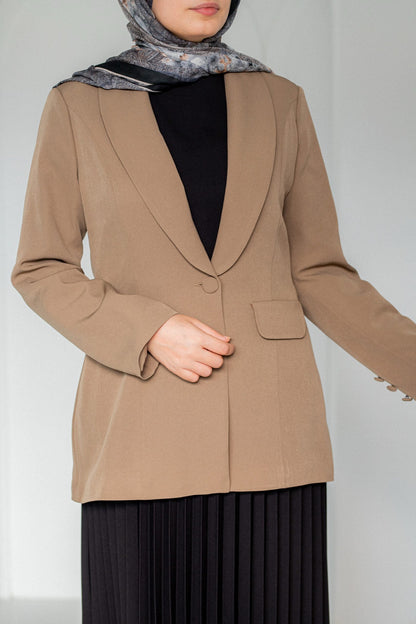 Navy classic blazer from My Store featuring a tailored fit, notched lapels, and button closure, displayed on a hanger.