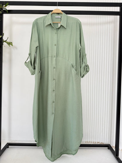 Amenaa shirt dress in soft fabric with a relaxed fit, featuring a collar, button-down front, and short sleeves.