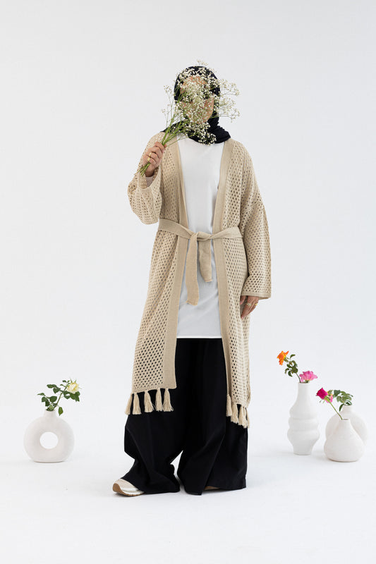 Amenaa crochet knit cardigan, 13/41/2, featuring a cozy, textured design in soft yarn, perfect for layered casual wear.