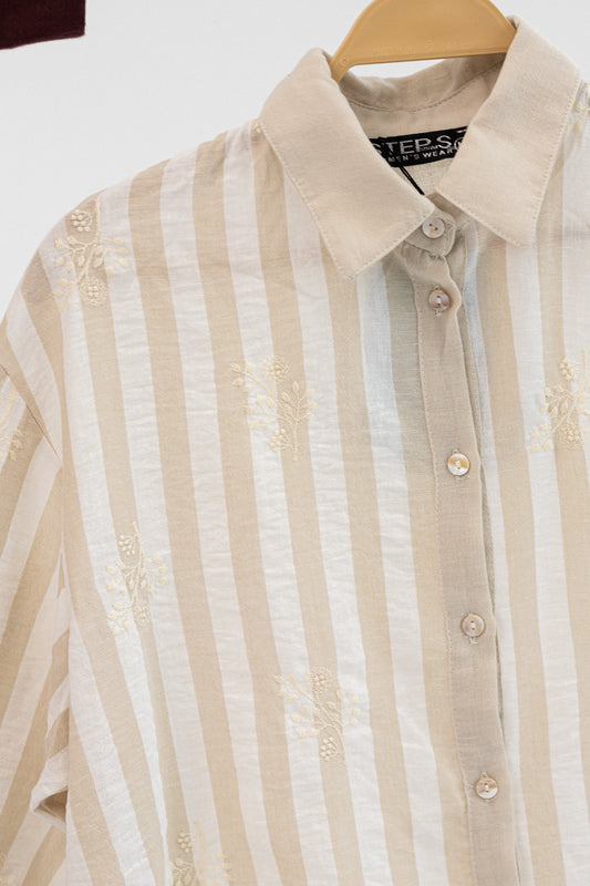 Amenaa striped embroidered shirt with multicolored pattern, long sleeves, and button front, showcasing detailed embroidery.