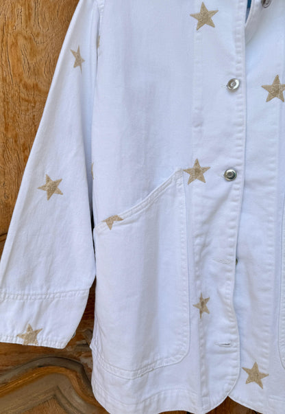 Amenaa Star Gabardine Jacket shown on a model, featuring a stylish design and classic fit in durable gabardine fabric.