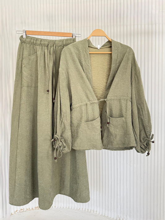 Amenaa modest skirt set in neutral tones, featuring a long skirt and matching top, perfect for modest fashion styles.